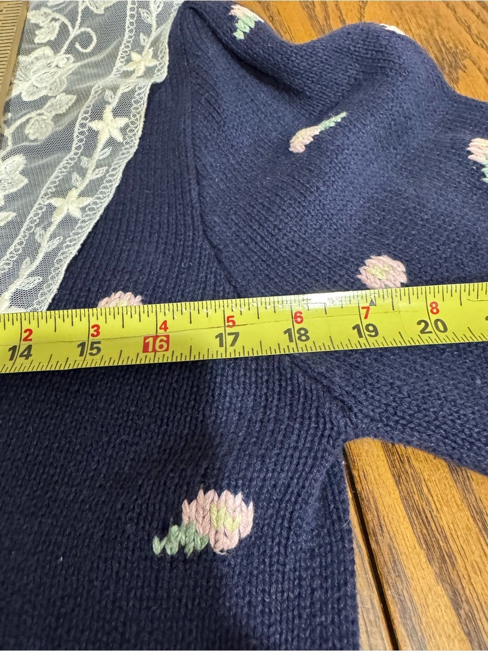 Charming Navy Floral Knit Cardigan Lace Collar Hand Embroidered Feminine Style - Picture 11 of 14